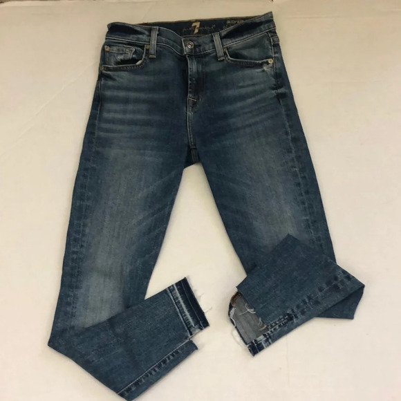 7 For All Mankind Blue Mid-Rise Ankle Skinny Released Frayed Hem Jeans Size 24 - Picture 3 of 8
